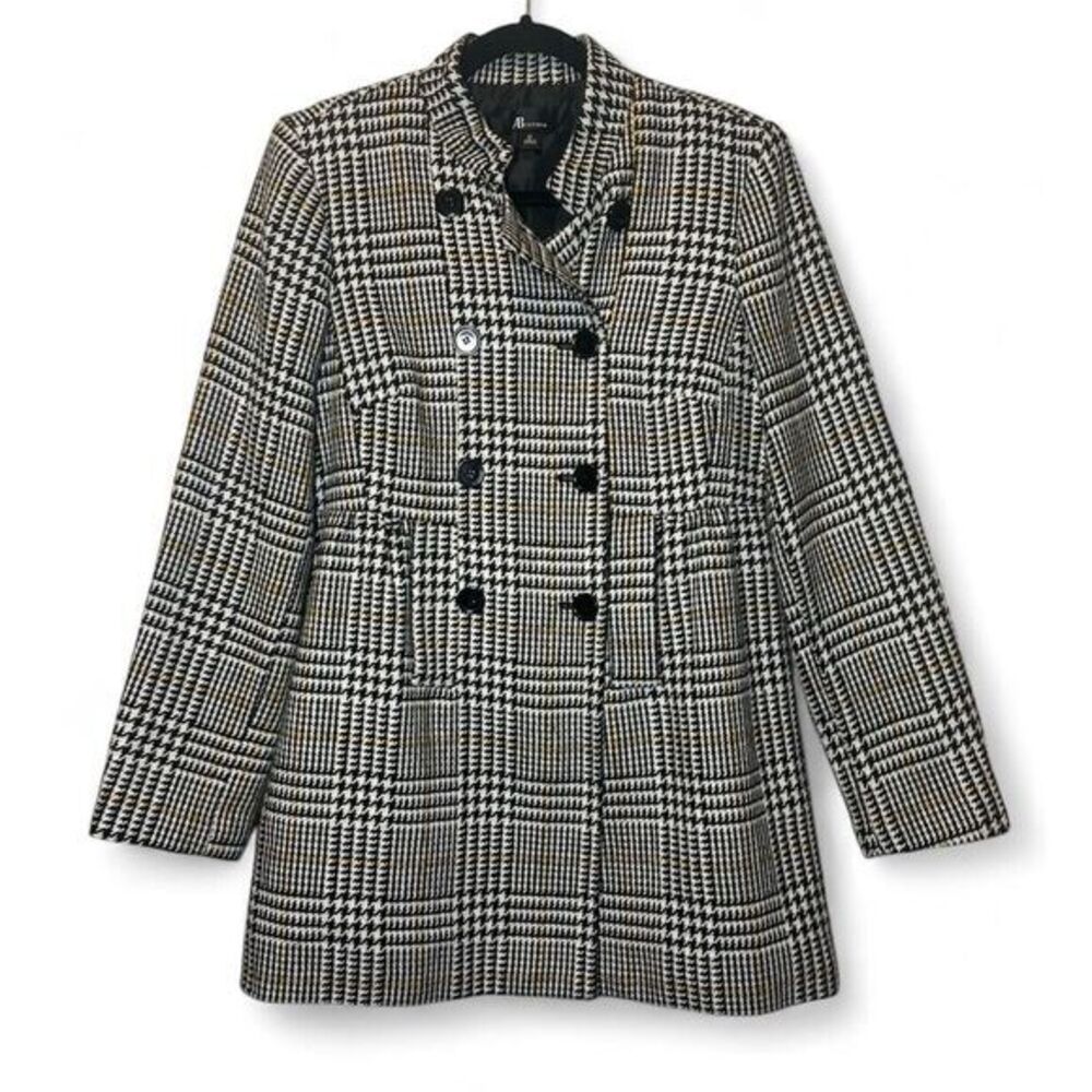 Vintage AB Studio Women 12 Black White Yellow Houndstooth Double Jackie‎ Peacoat